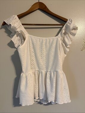 She in Medium White Eyelet Ruffle Sleeve Peplum Top